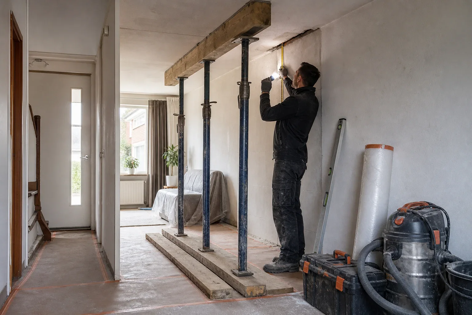 Veilig draagmuur verwijderen met passend sloopwerk: Eén volwassen sloopprofessional in neutrale, logovrije werkkleding staat in profiel bij de wand. Op de voorgrond staat een stevige, volledig opgezette stempelconstructie met houten; De pro