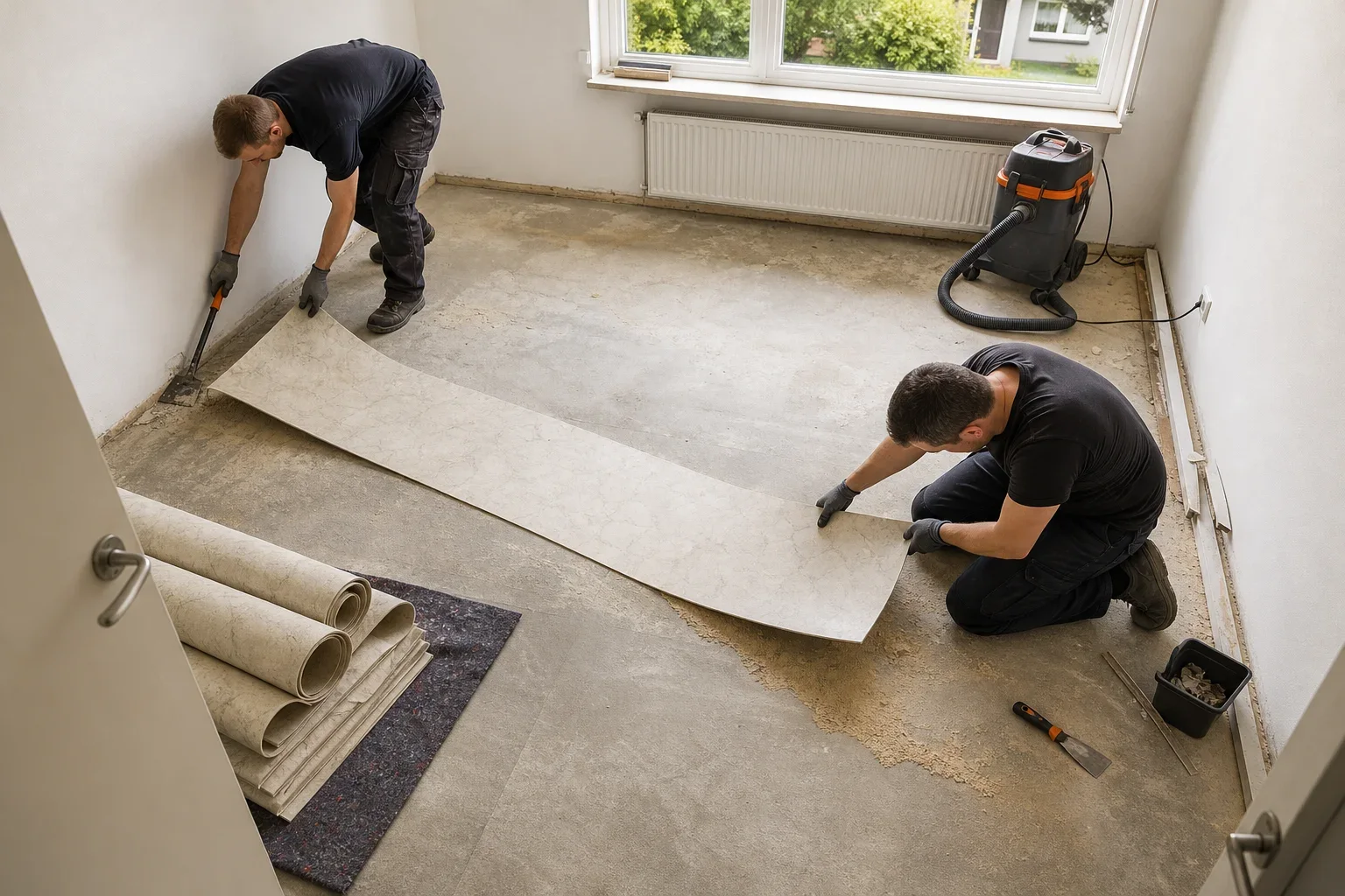 Waarom pvc verwijderen vakmanschap vraagt: Twee volwassen sloopprofessionals in neutrale, praktische werkkleding zonder logo’s werken elk aan een andere zijde van één grote losgesneden strook PVC. Eén staat bij de wand met; De professionals