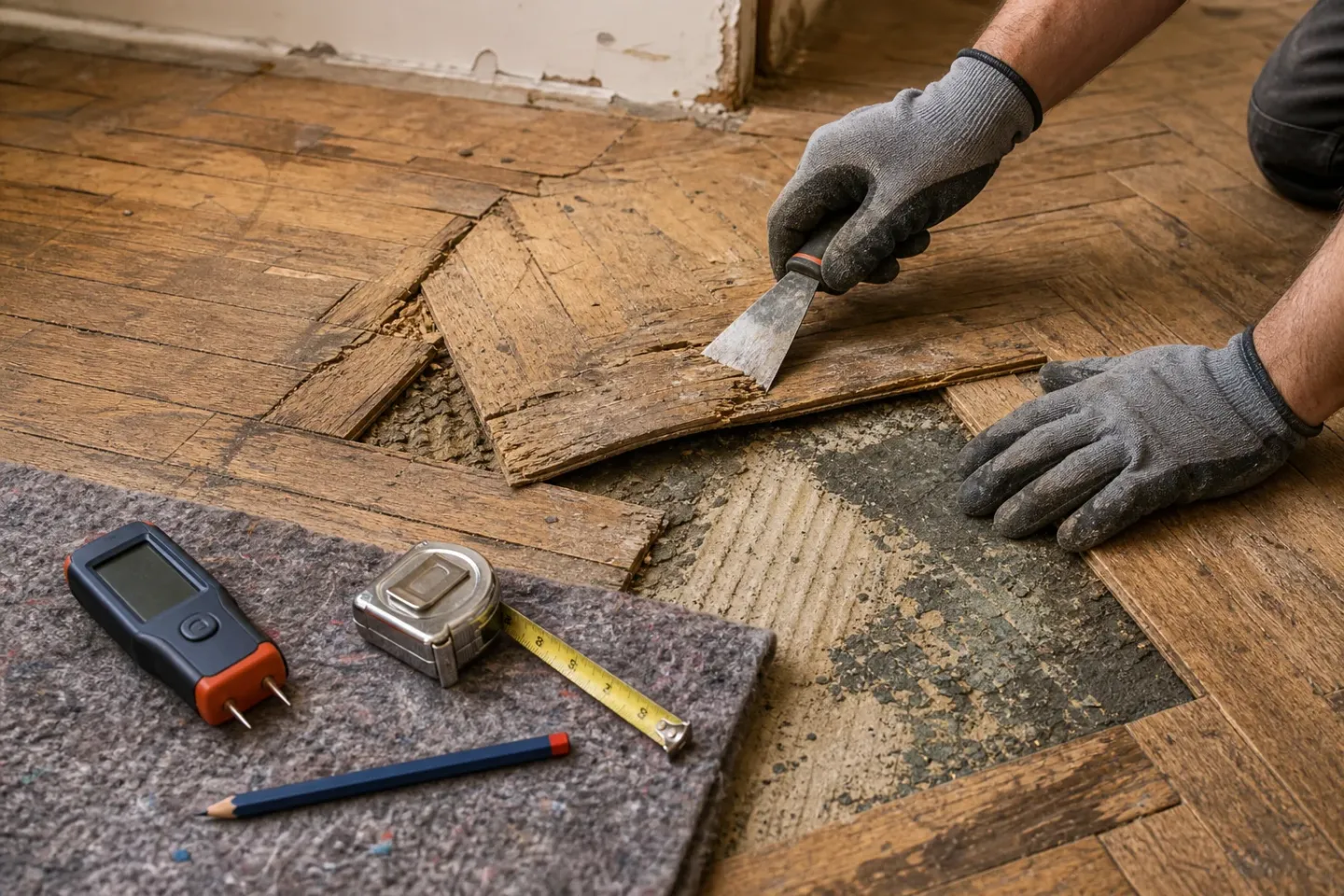 Wanneer parketvloer verwijderen nodig is: Alleen de onderarmen en handen van één volwassen vakprofessional zijn zichtbaar aan de rand van het beeld, in neutrale werkkleding en stevige werkhandschoenen zonder logo’s. De; De professional beoo