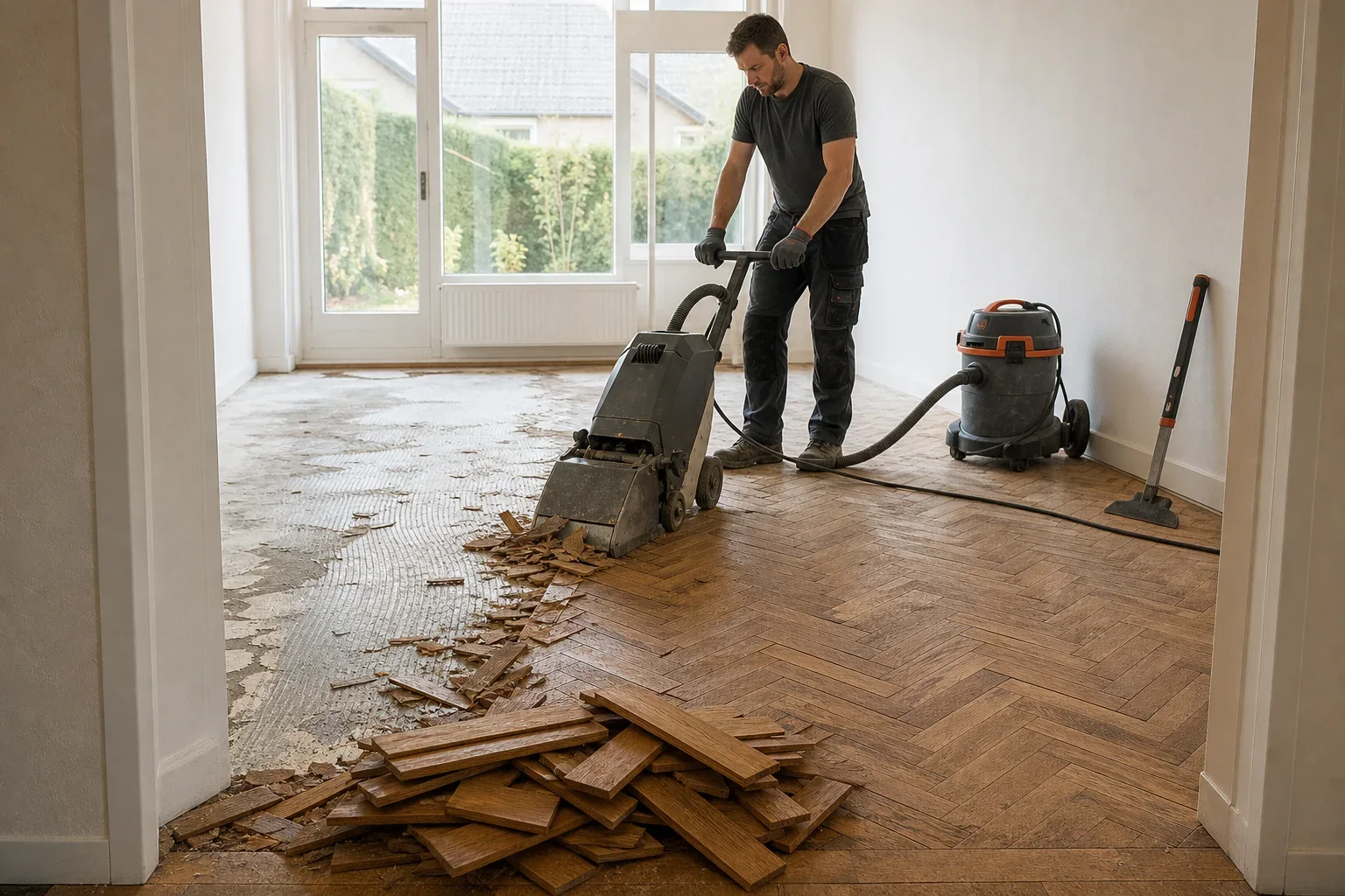 Zo pakken we parket verwijderen aan: Eén volwassen vloerprofessional in effen, neutrale werkkleding zonder opschriften, emblemen of merkdetails staat centraal in de kamer en bedient een grote professionele vloerstrip; De professional duwt d