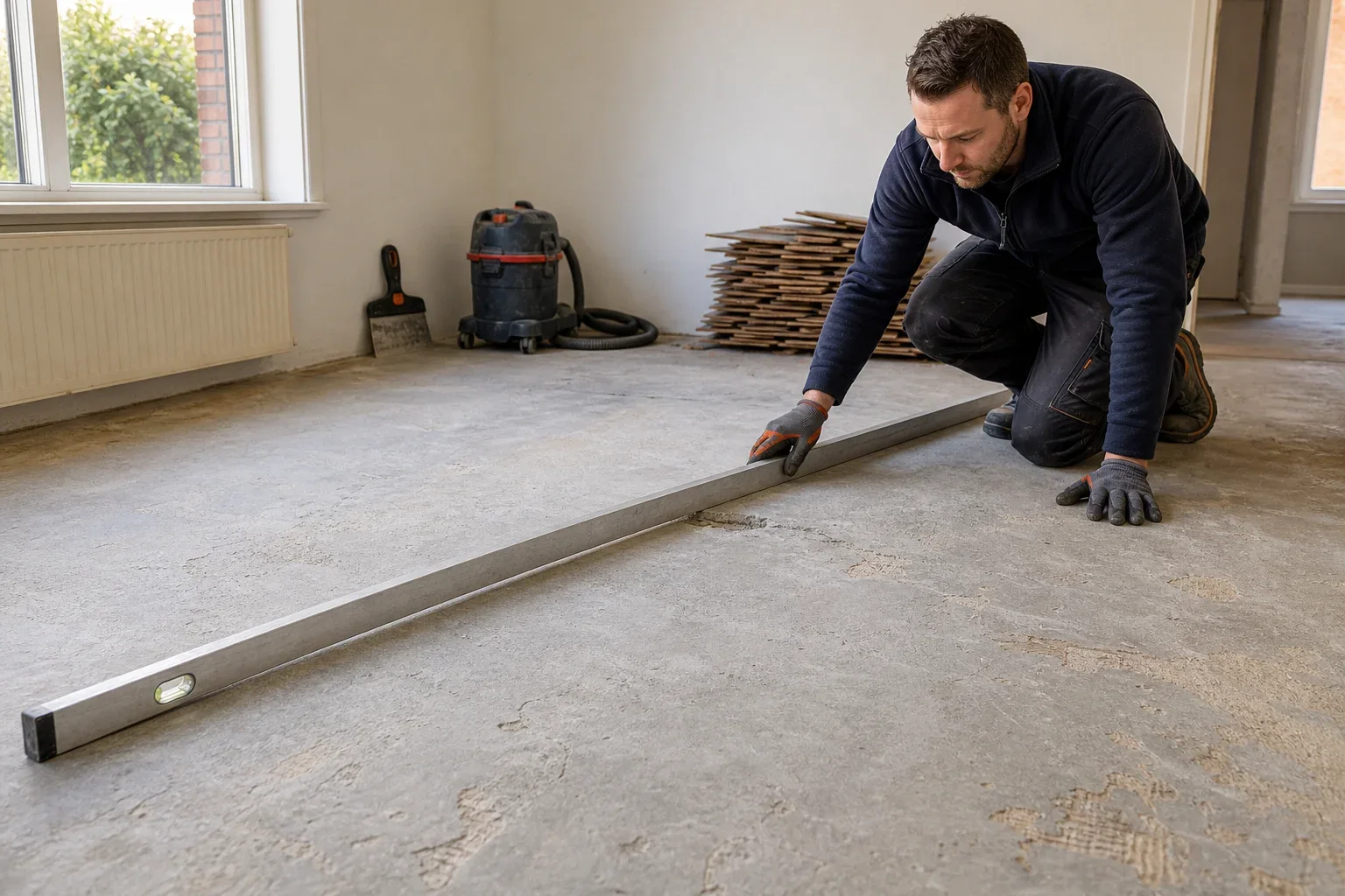 Ondergrond beoordelen na parket verwijderen: Eén volwassen vloerprofessional in effen, neutrale werkkleding zonder logo’s of opschriften knielt aan de rand van de kamer. De persoon is geloofwaardig uitgerust met werkhandscho; De professiona