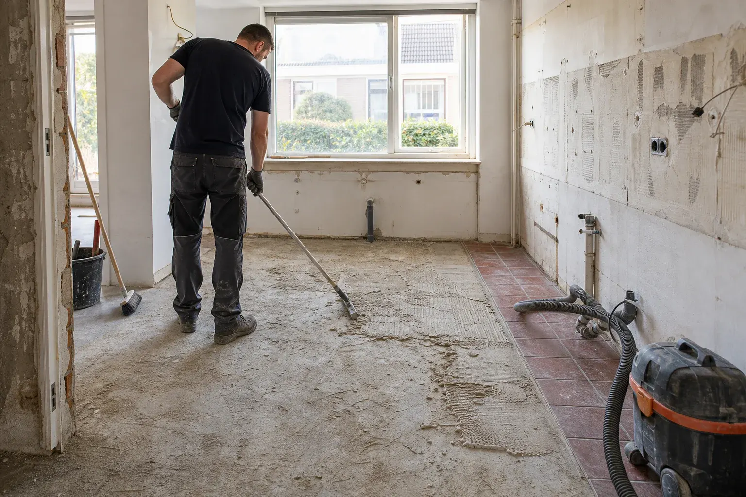 Plavuizen verwijderen als voorbereiding op renovatie: Eén volwassen renovatieprofessional in neutrale, stofbestendige werkkleding zonder logo’s staat rechtop in de ruimte, van achteren en driekwart in beeld. De persoon draagt passende; De p