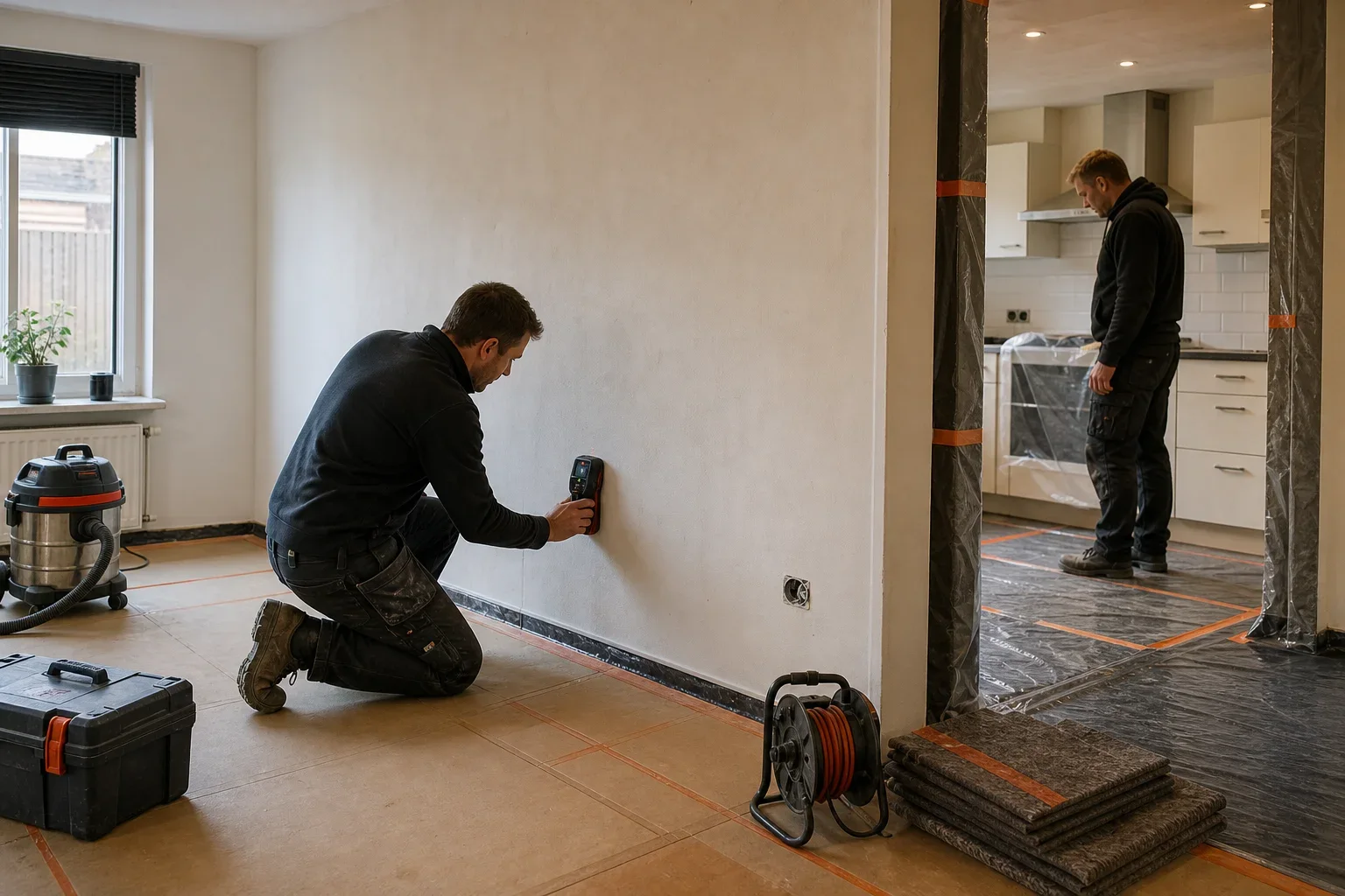 Waar let u op bij draagmuur verwijderen?: Eén volwassen bouwprofessional in neutrale, logovrije werkkleding knielt naast de wand bij een lage leidingdetectiezone. Op enige afstand staat een tweede volwassen professional,; De voorste profess